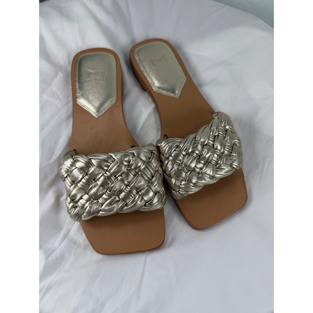 Marc Fisher LTD Alreanna Gold Braided Leather Square Toe Slide Sandals 6M